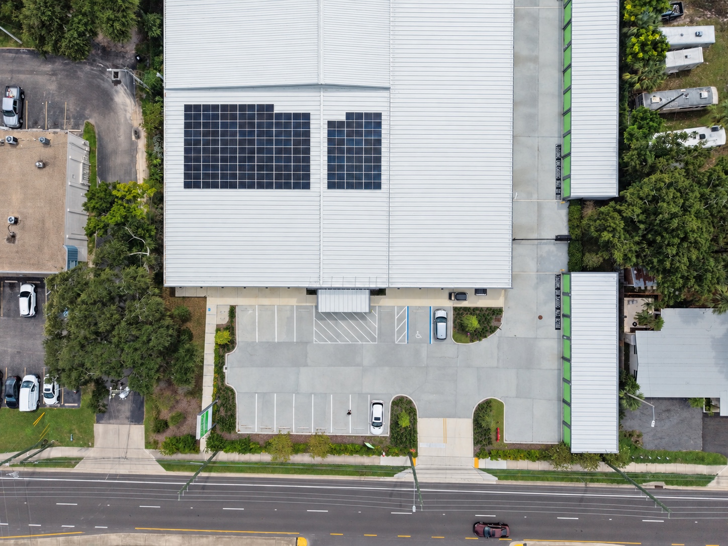 Full overhead view of both solar arrays at the Clearwater, Florida self-storage facility