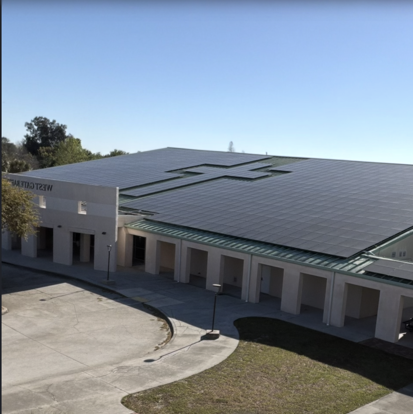 Solar panels across the roof of a church in Tampa, Florida